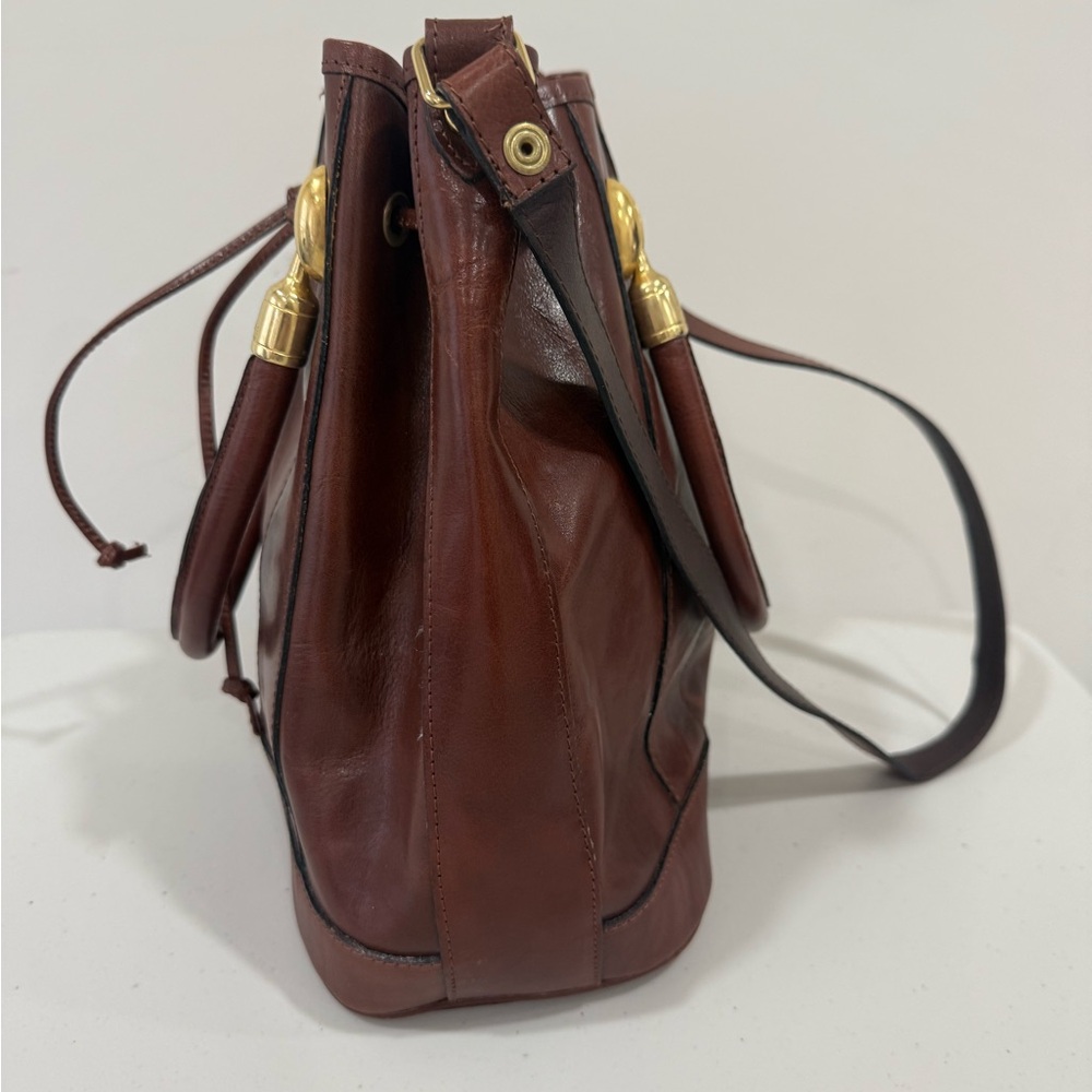 Valentina Brown Leather Drawstring Shoulder Bag with Gold Hardware - Picture 2 of 12